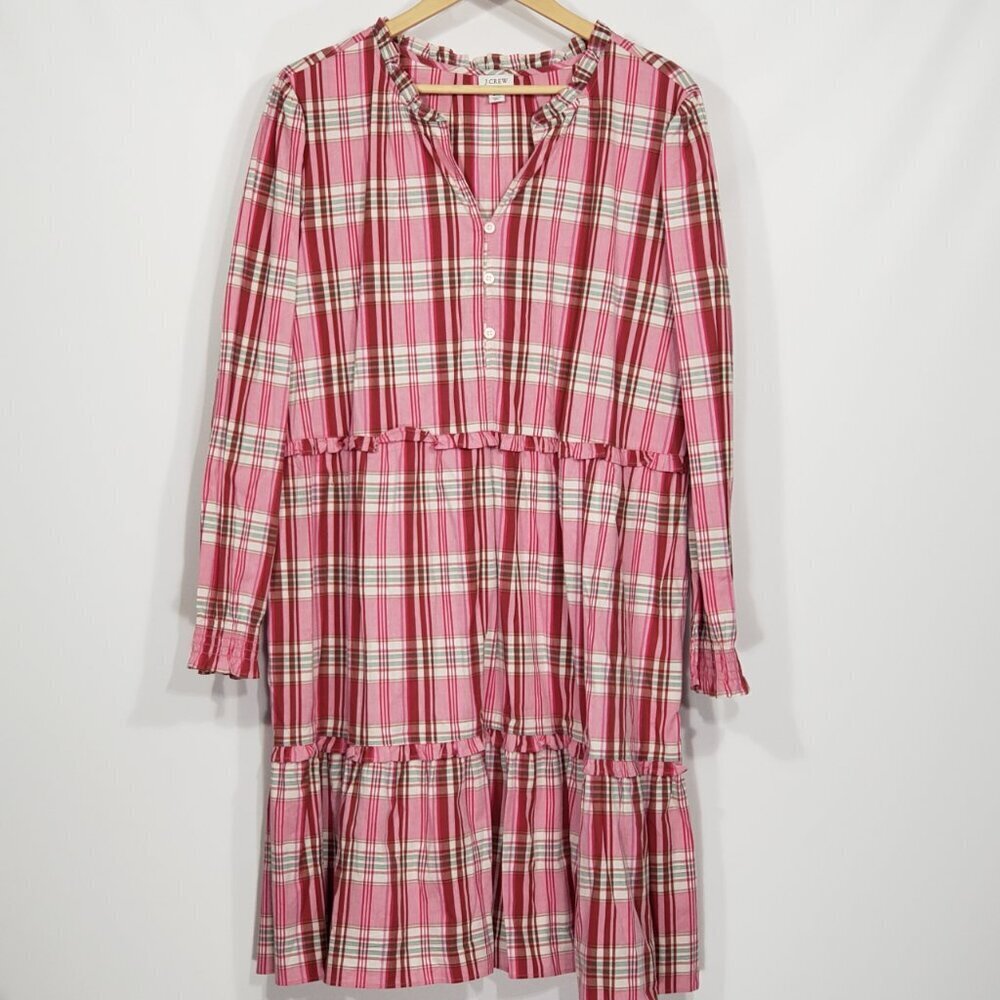 J Crew Re-Imagined Pink Plaid Tiered Ruffled Long Sleeve Dress Plus Size 20